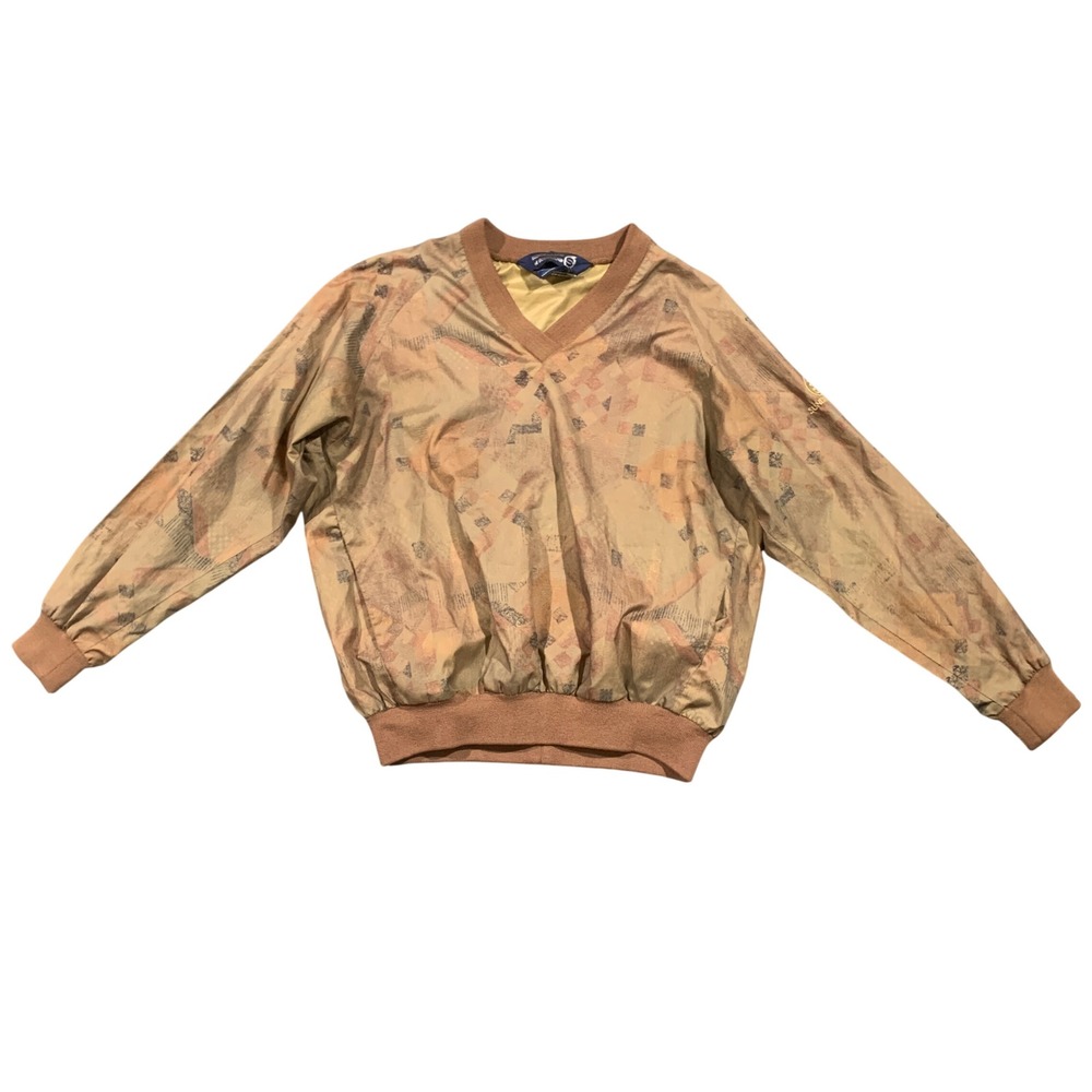 Sunderland of Scotland Womens V-Neck Windbreaker Pullover Tan Geometric Size S